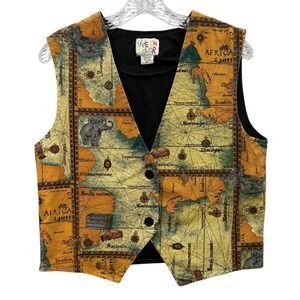 Vintage Live In Color Women's Retro Artistic‎ Eclectic Map Print Vest Travel S